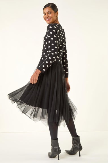 Roman Black Polka Dot Mesh Midi Dress
