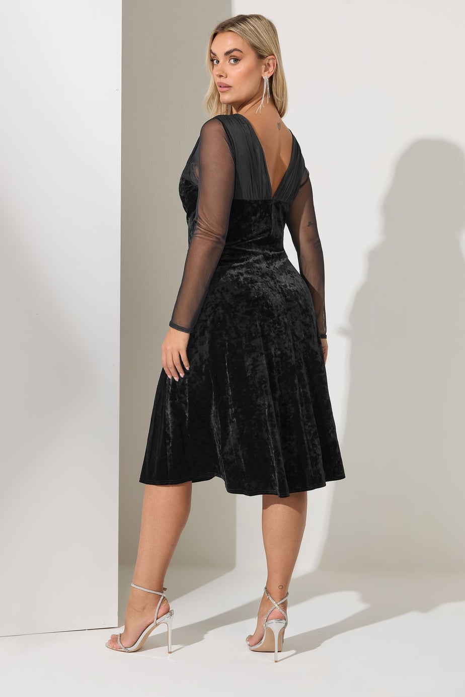 Yours London Curve Black Velvet Mesh Sleeve Skater Dress