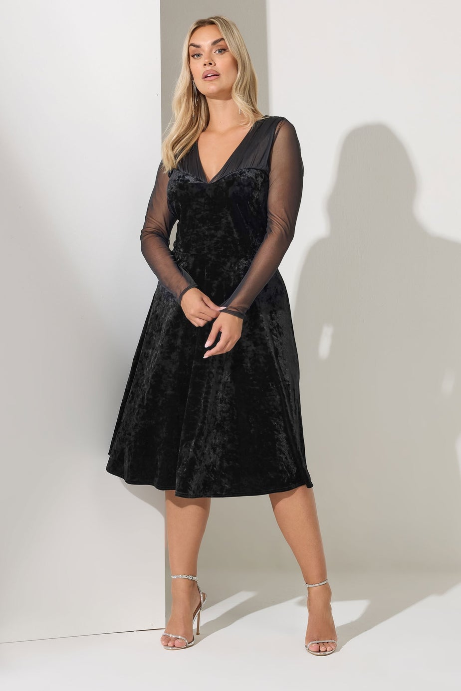 Yours London Curve Black Velvet Mesh Sleeve Skater Dress