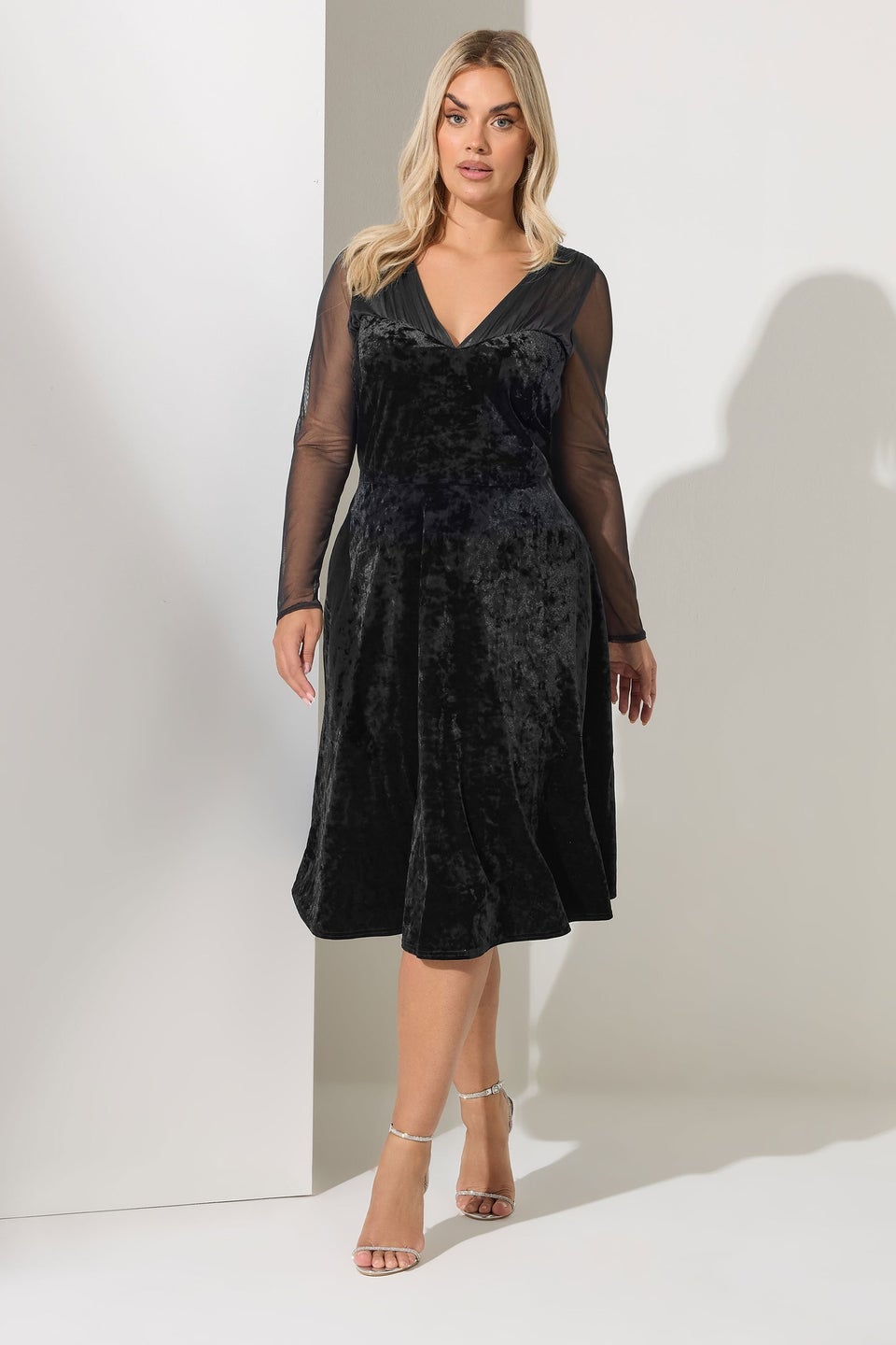 Yours London Curve Black Velvet Mesh Sleeve Skater Dress