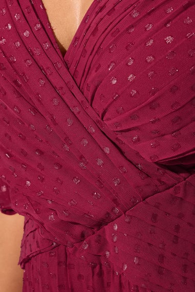 Yours London Curve Red Metallic Dobby Pleated Wrap Dress