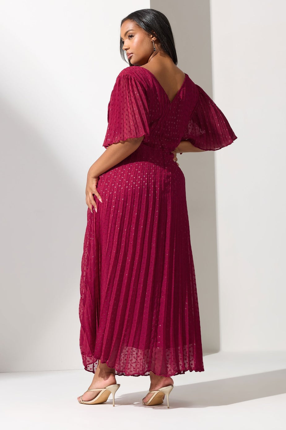 Yours London Curve Red Metallic Dobby Pleated Wrap Dress