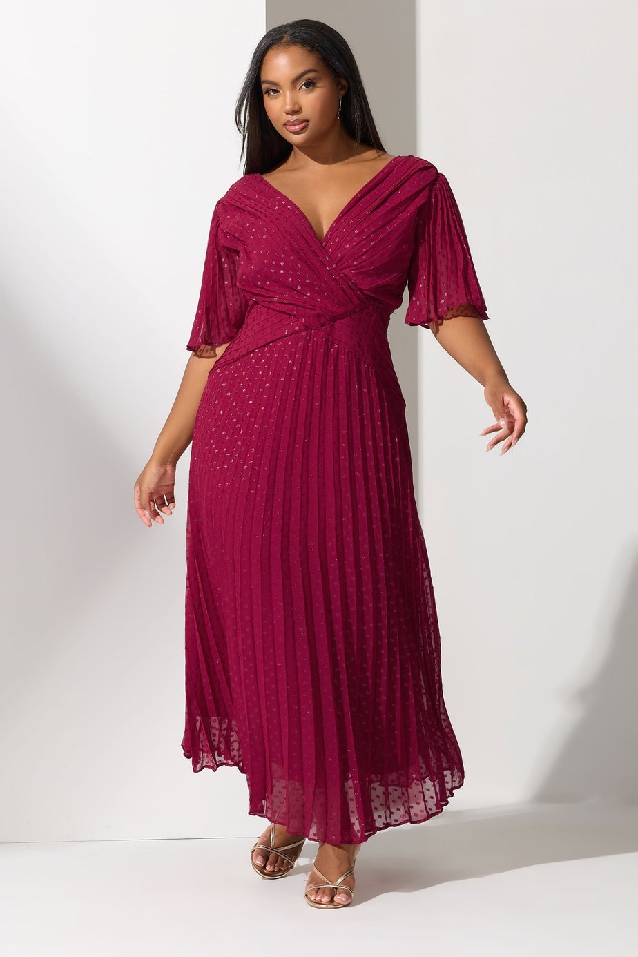 Yours London Curve Red Metallic Dobby Pleated Wrap Dress