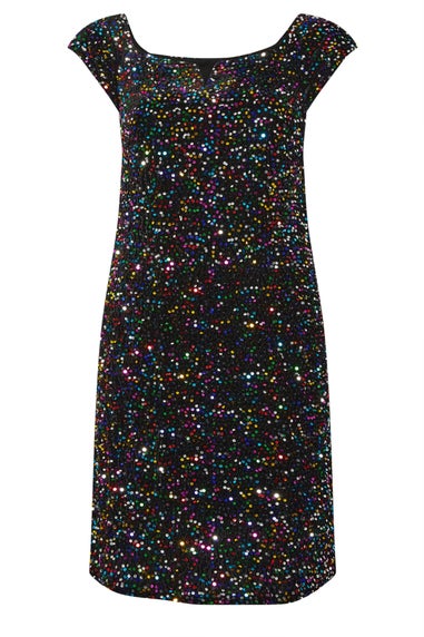 Yours London Curve Black Rainbow Sequin Velvet Bardot Dress