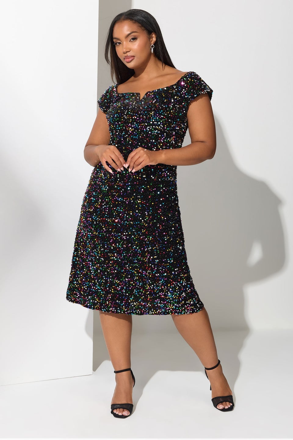 Yours London Curve Black Rainbow Sequin Velvet Bardot Dress