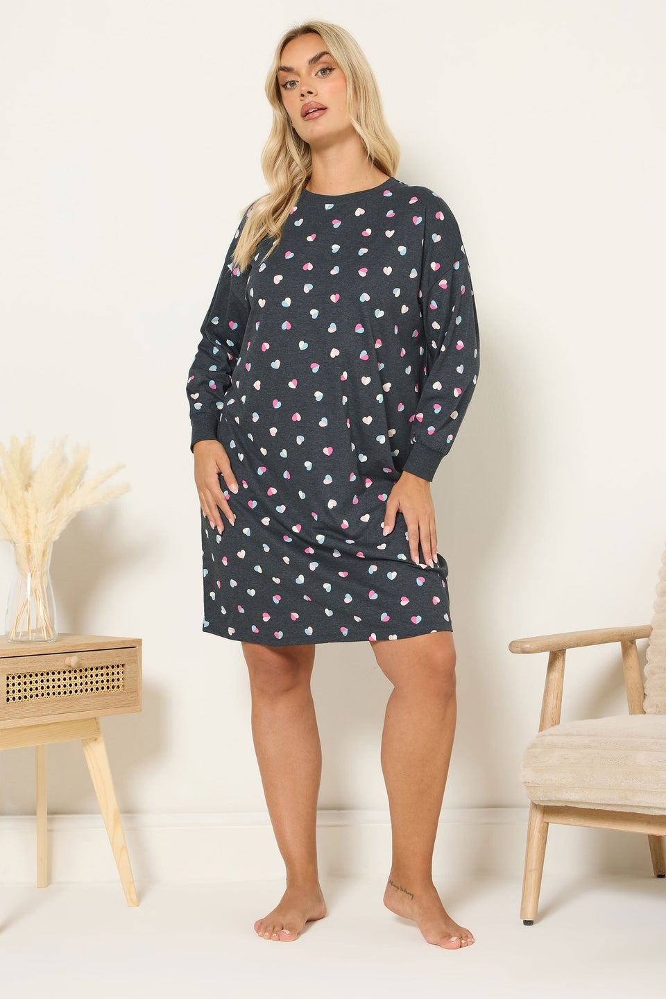 Yours Curve Grey Heart Long Sleeve Nightdress