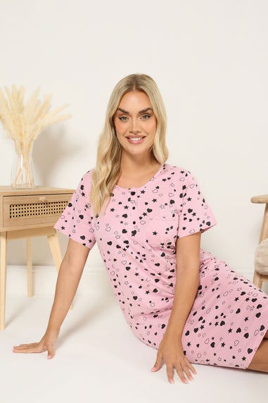Yours Curve Pink Heart & Star Print Placket Nightdress