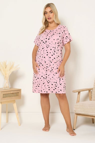 Yours Curve Pink Heart & Star Print Placket Nightdress