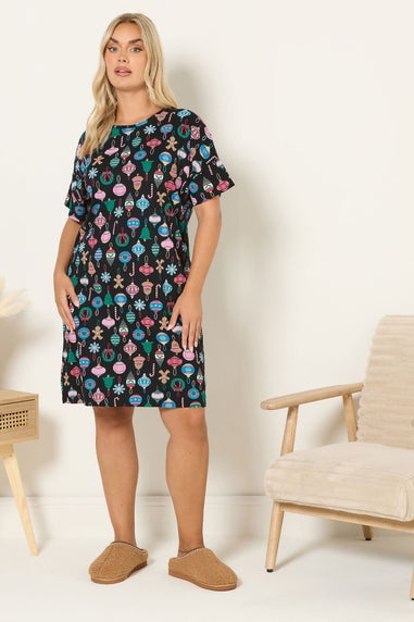 Yours Curve Black Christmas Bauble Sleep Tee Nightdress