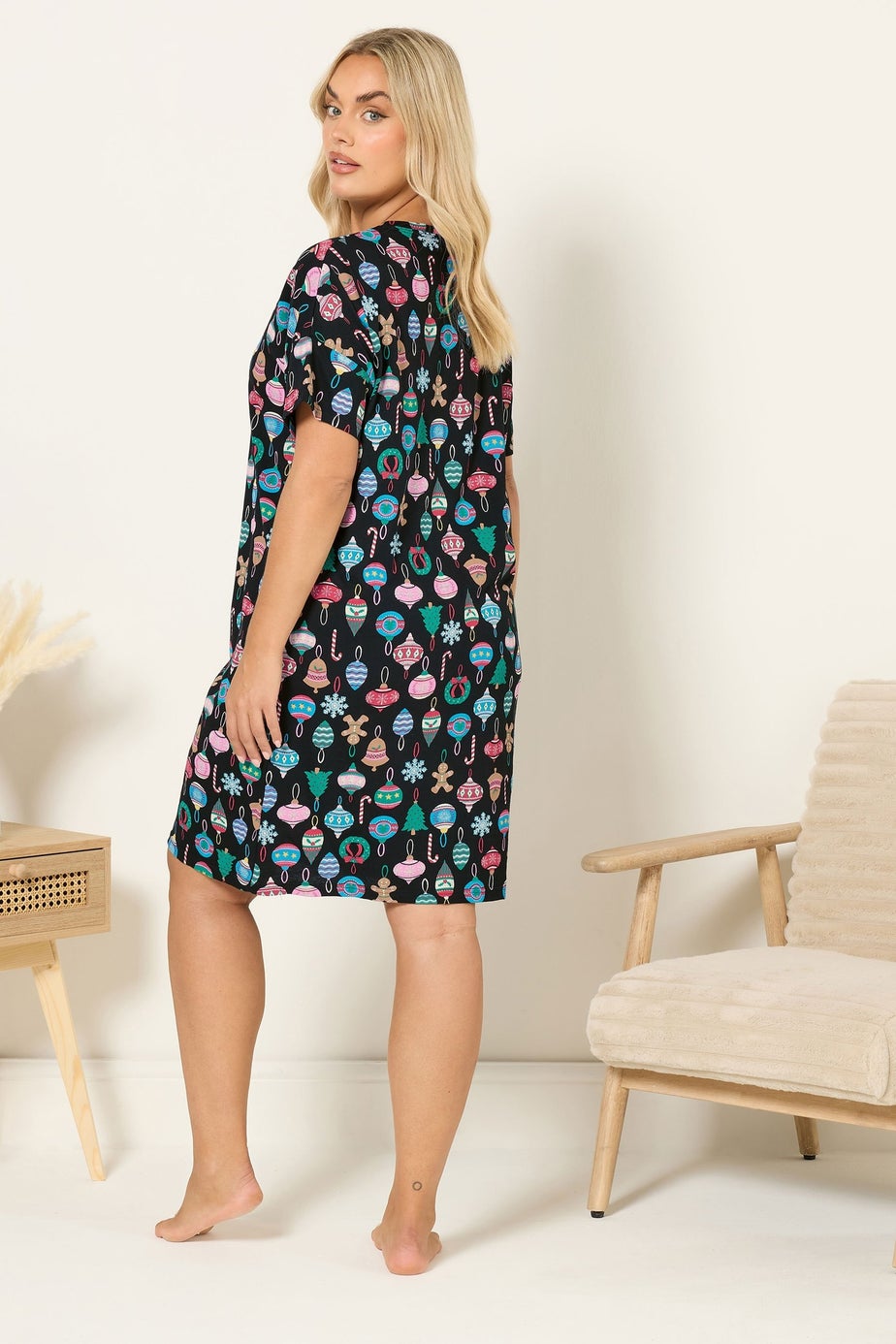 Yours Curve Black Christmas Bauble Sleep Tee Nightdress