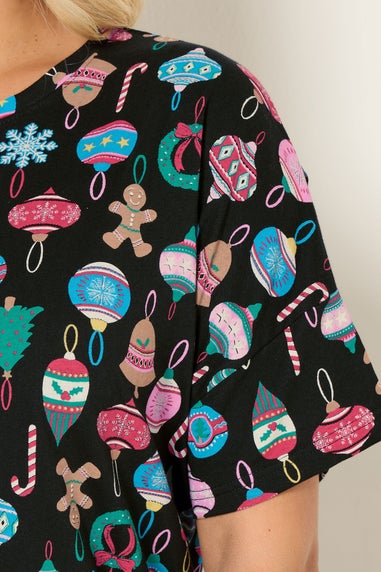 Yours Curve Black Christmas Bauble Sleep Tee Nightdress