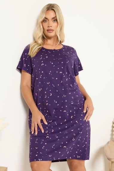 Yours Curve Purple Moon Print Placket Nightdress