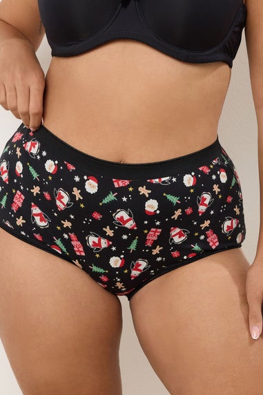 Yours 5 Pack Curve Black Christmas Print Full Briefs