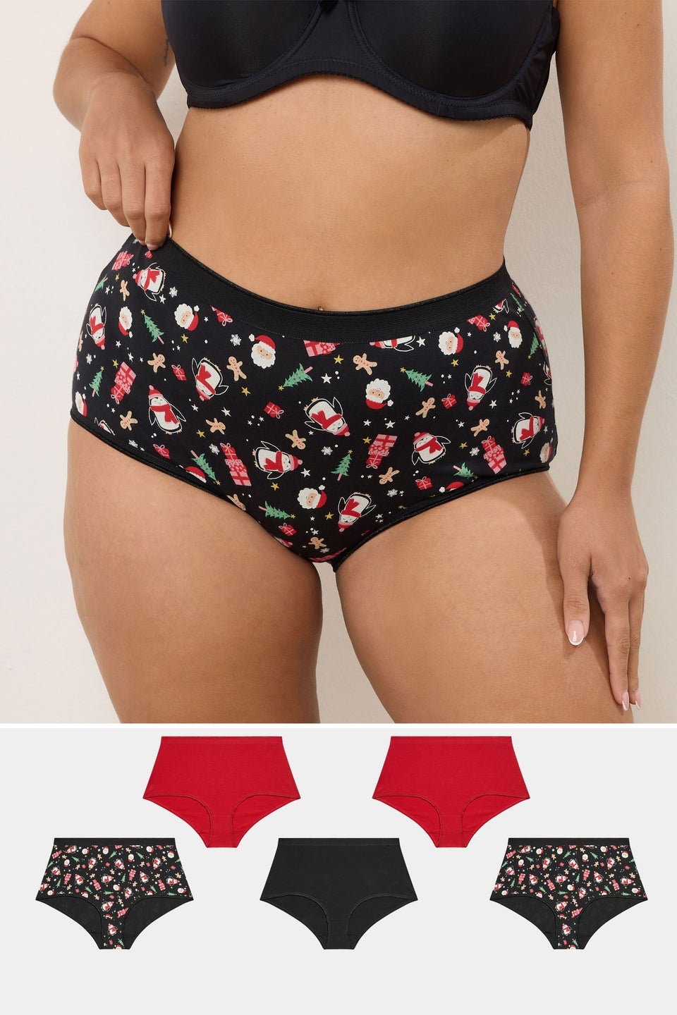 Yours 5 Pack Curve Black Christmas Print Full Briefs