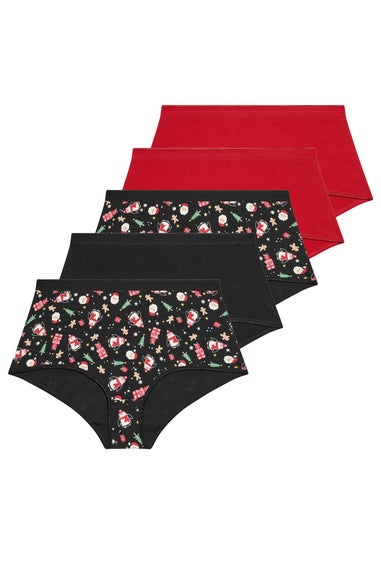 Yours 5 Pack Curve Black Christmas Print Full Briefs