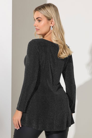 Yours London Curve Black Metallic Knot Front Top