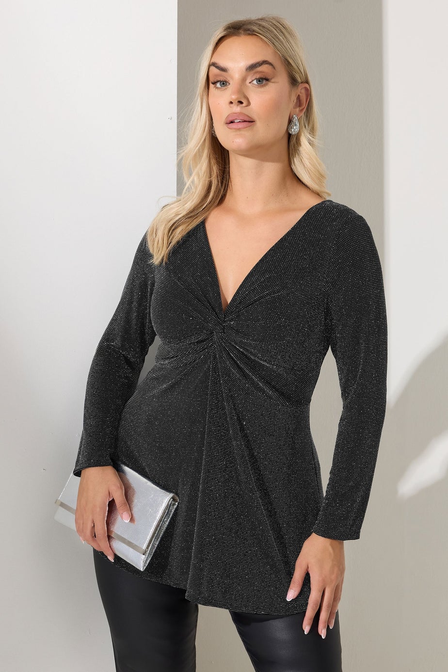 Yours London Curve Black Metallic Knot Front Top