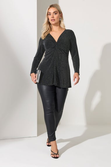 Yours London Curve Black Metallic Knot Front Top