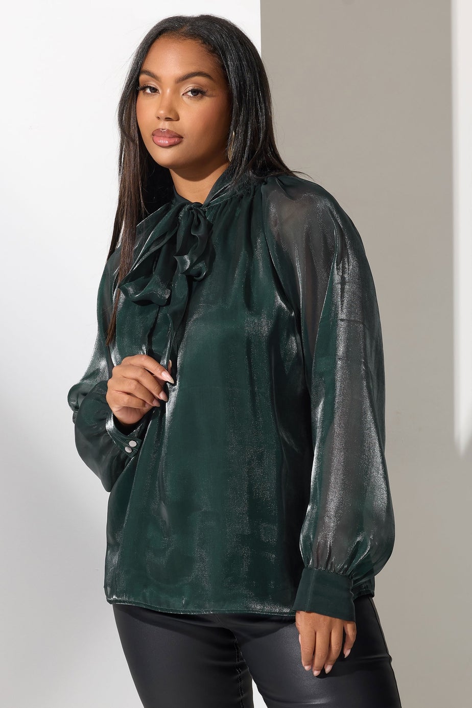 Yours London Curve Green Shimmer Bow Organza Blouse