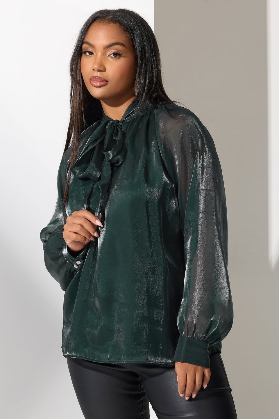 Yours London Curve Green Shimmer Bow Organza Blouse