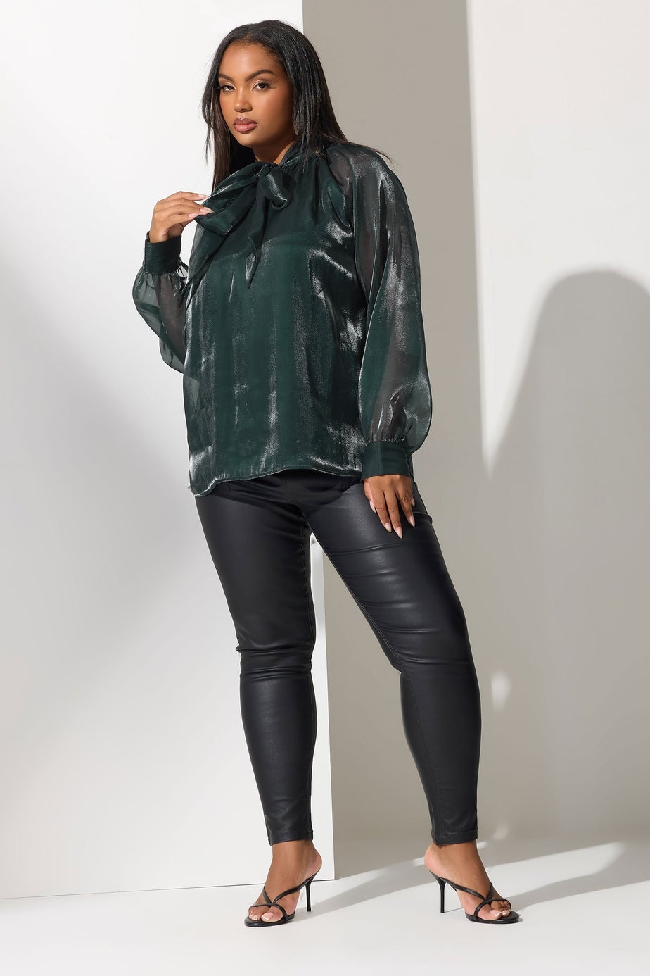 Yours London Curve Green Shimmer Bow Organza Blouse