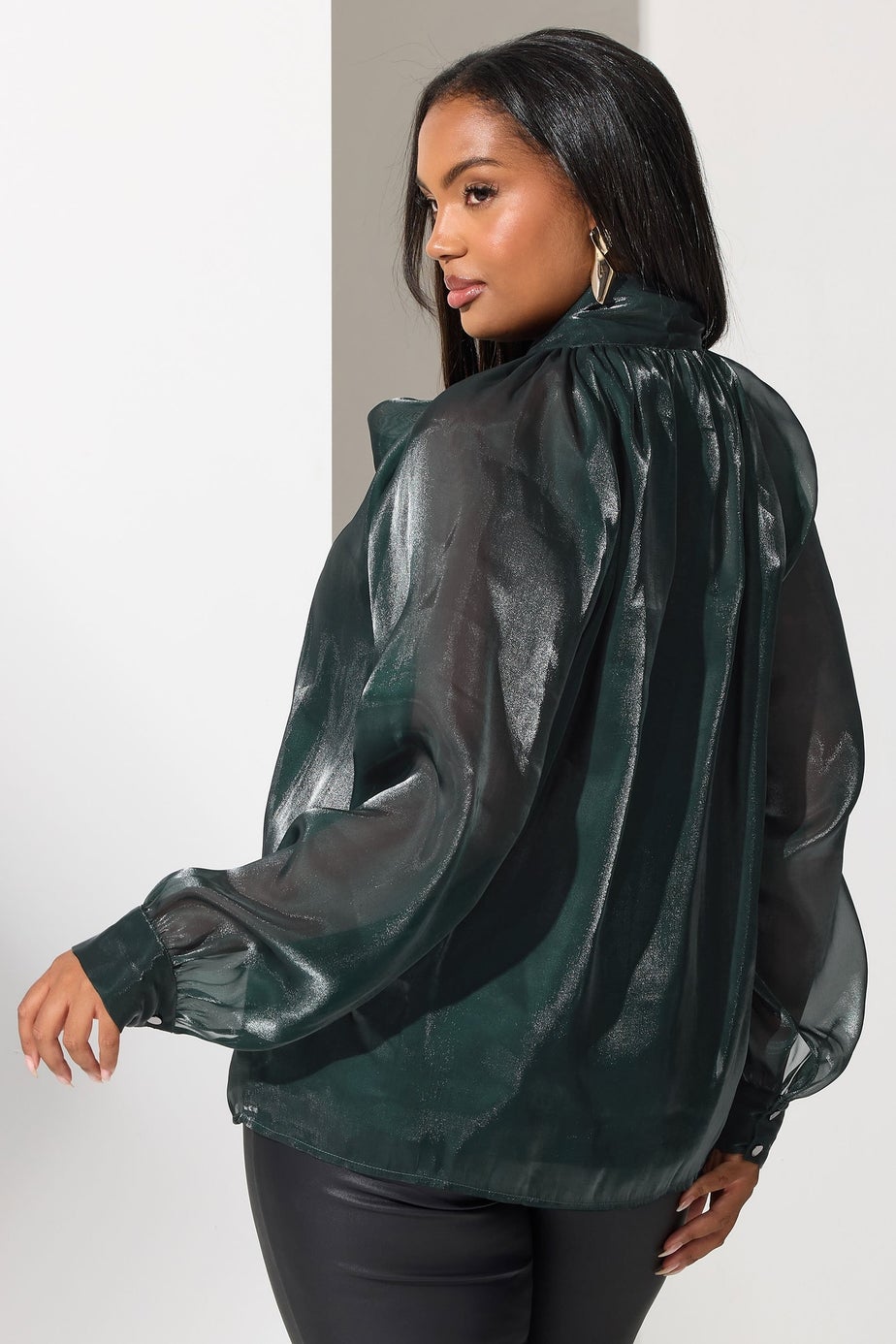 Yours London Curve Green Shimmer Bow Organza Blouse