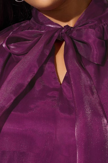 Yours London Curve Purple Shimmer Bow Organza Blouse