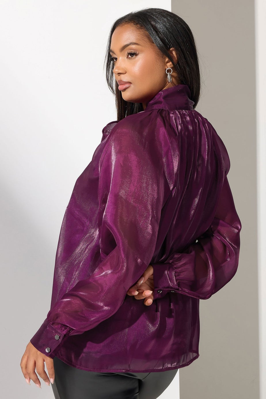 Yours London Curve Purple Shimmer Bow Organza Blouse