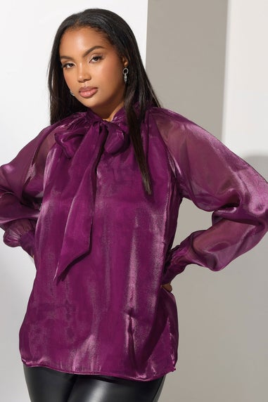 Yours London Curve Purple Shimmer Bow Organza Blouse