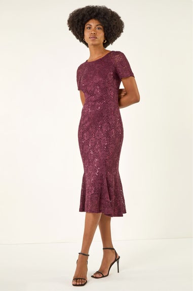 Roman Burgundy Leaf Lace Sequin Midi Dress