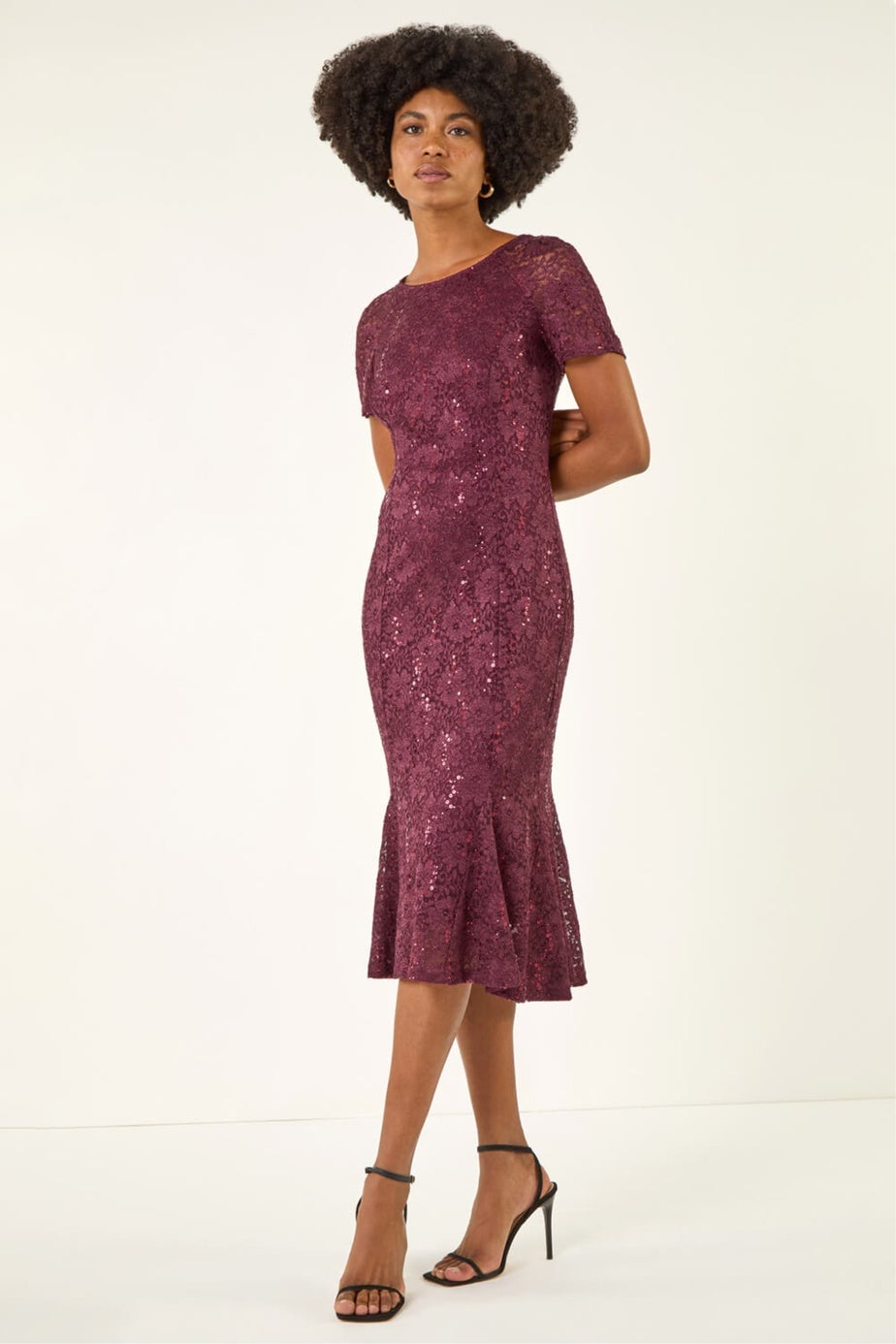 Roman Burgundy Leaf Lace Sequin Midi Dress