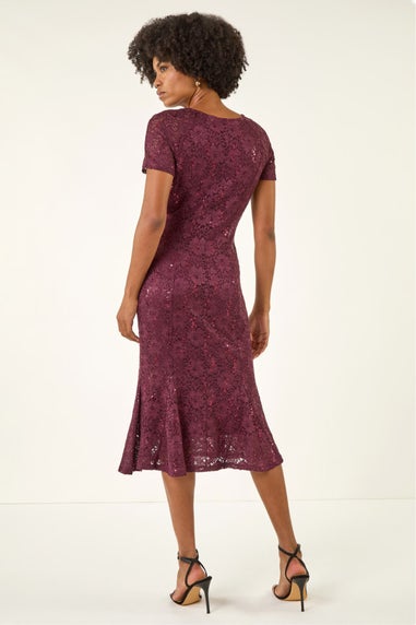 Roman Burgundy Leaf Lace Sequin Midi Dress