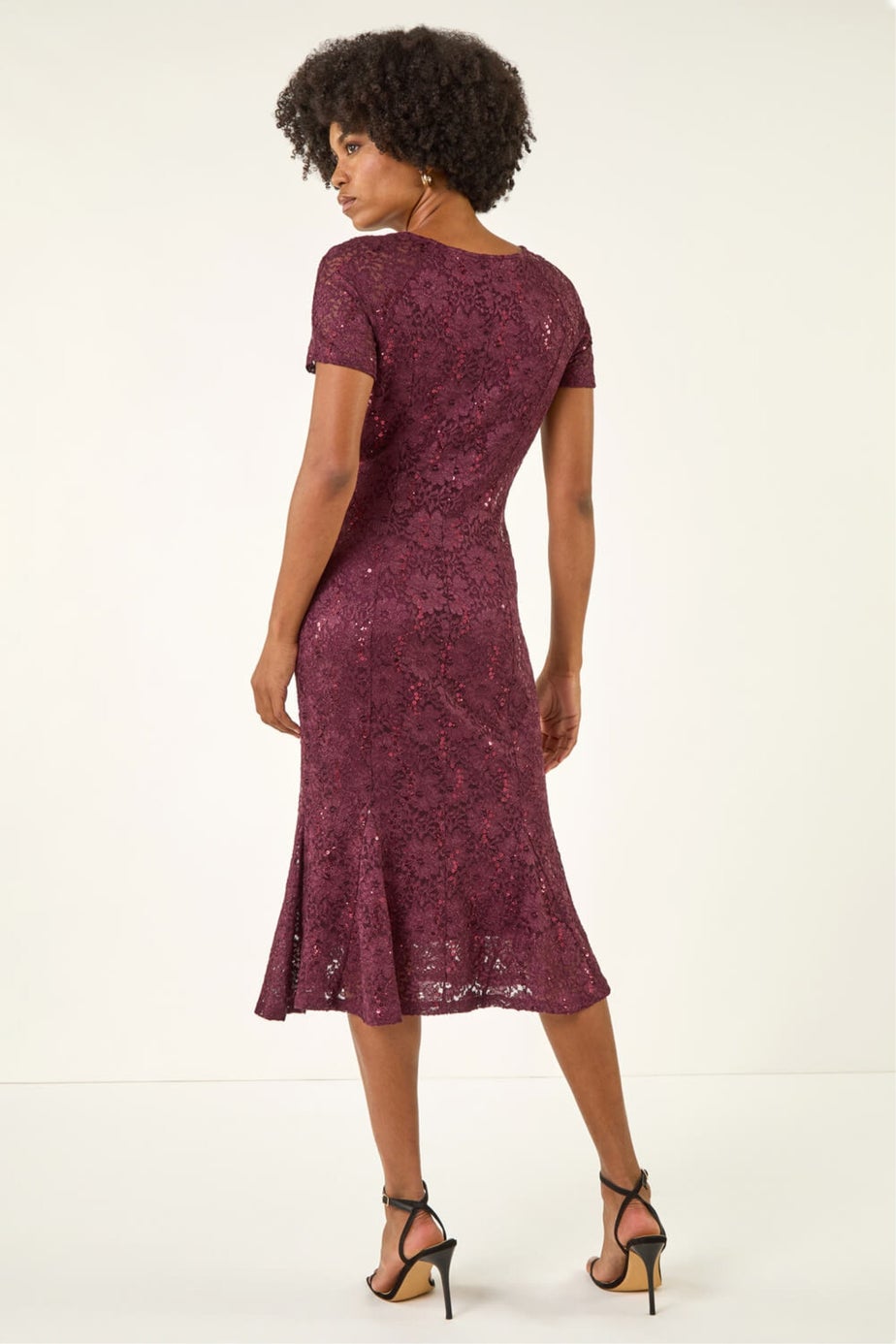 Roman Burgundy Leaf Lace Sequin Midi Dress