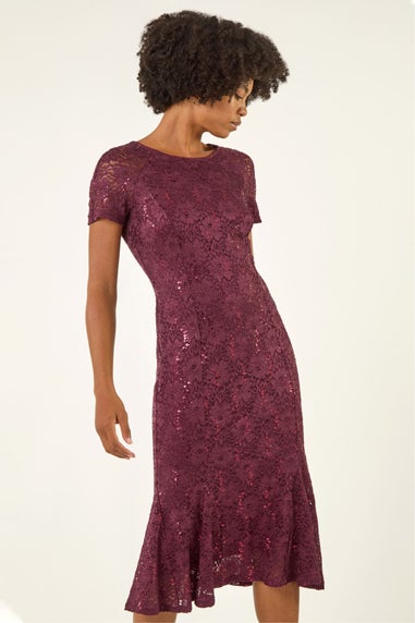 Roman Burgundy Leaf Lace Sequin Midi Dress