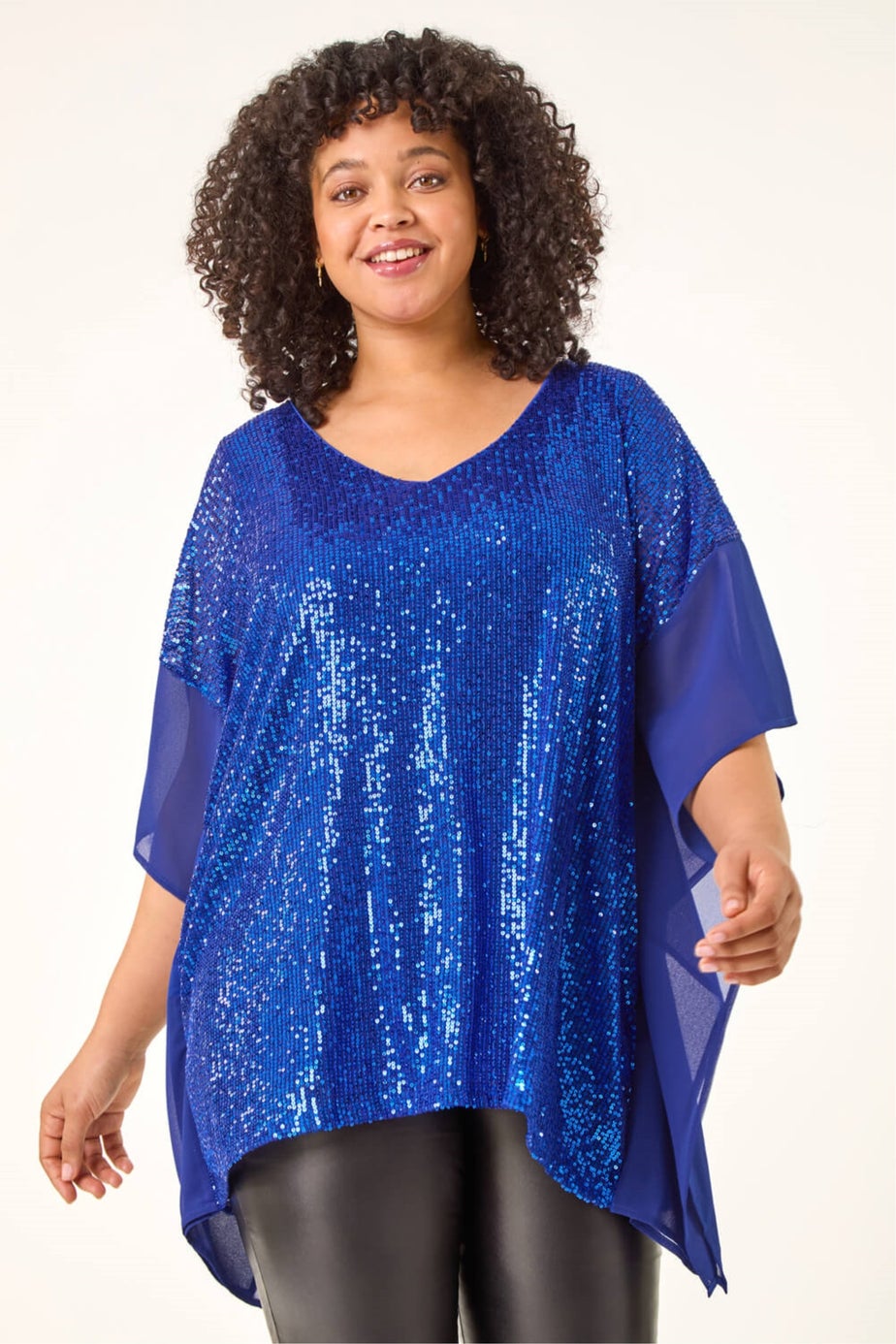 Roman Royal Blue Curve Full Sequin Chiffon Overlay Top
