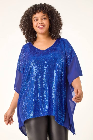 Roman Royal Blue Curve Full Sequin Chiffon Overlay Top