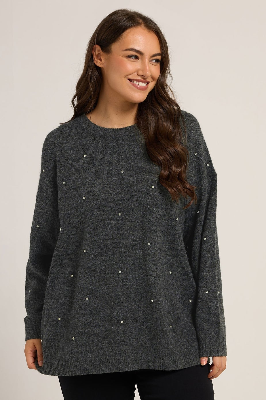 Yours Curve Grey Embellished Front Jumper