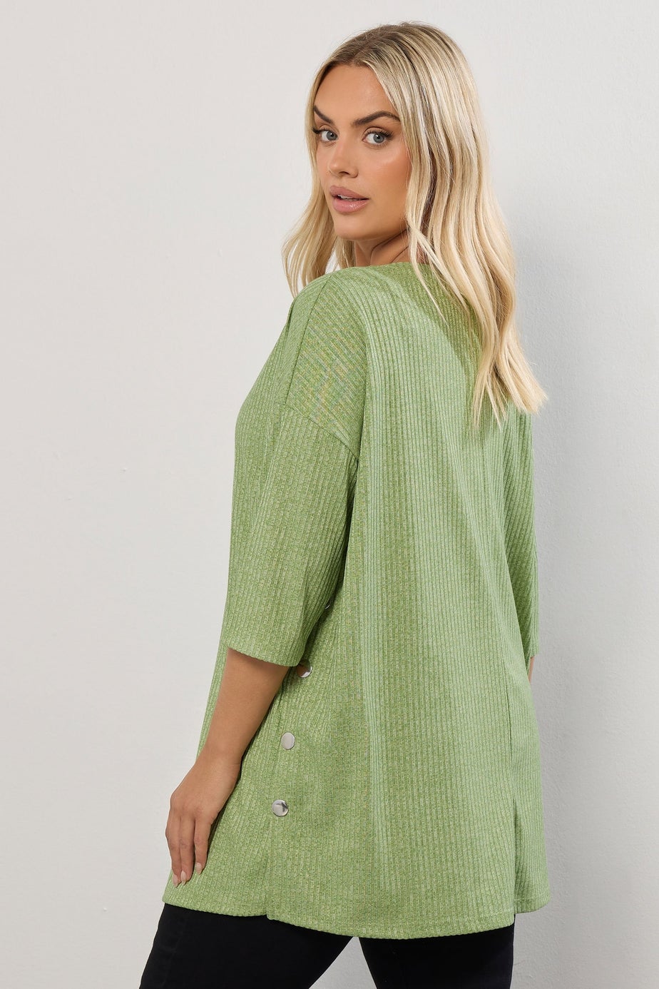 Yours Curve Green Ribbed Side Button Top