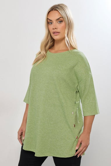 Yours Curve Green Ribbed Side Button Top