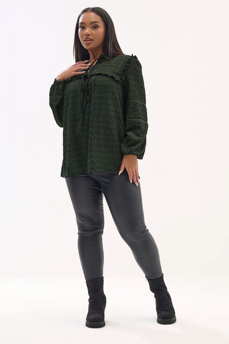 Yours Curve Green Textured Crochet Trim Top