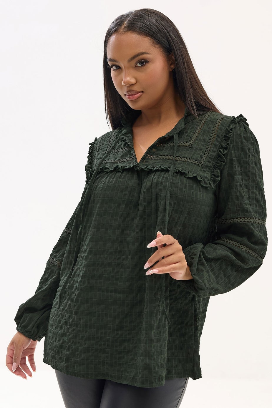 Yours Curve Green Textured Crochet Trim Top