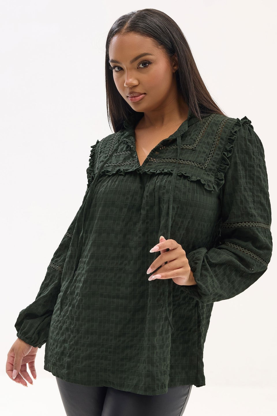 Yours Curve Green Textured Crochet Trim Top
