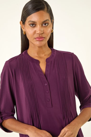Roman Plum Pintuck Button Stretch Top