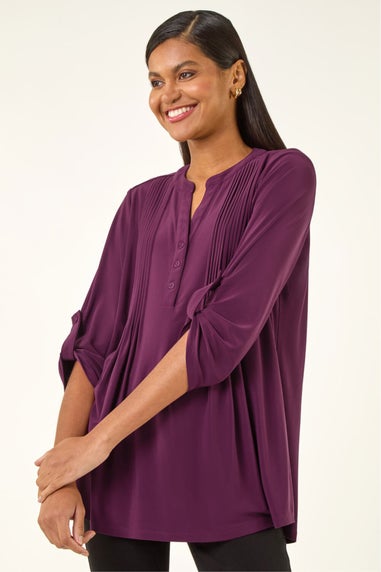 Roman Plum Pintuck Button Stretch Top