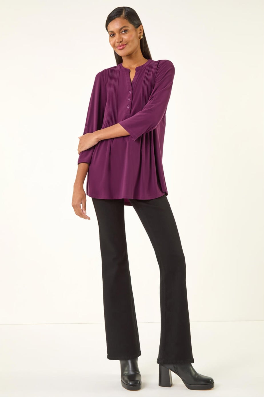 Roman Plum Pintuck Button Stretch Top