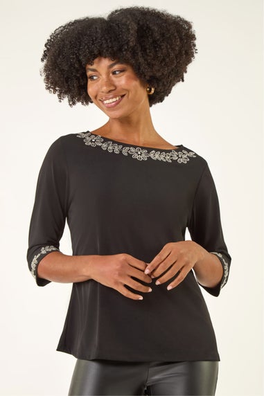 Roman Black Embellished Stretch Tunic Top