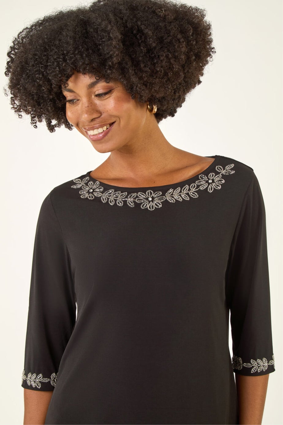 Roman Black Embellished Stretch Tunic Top