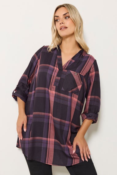 Yours Curve Navy Blue & Pink Check Overhead Shirt