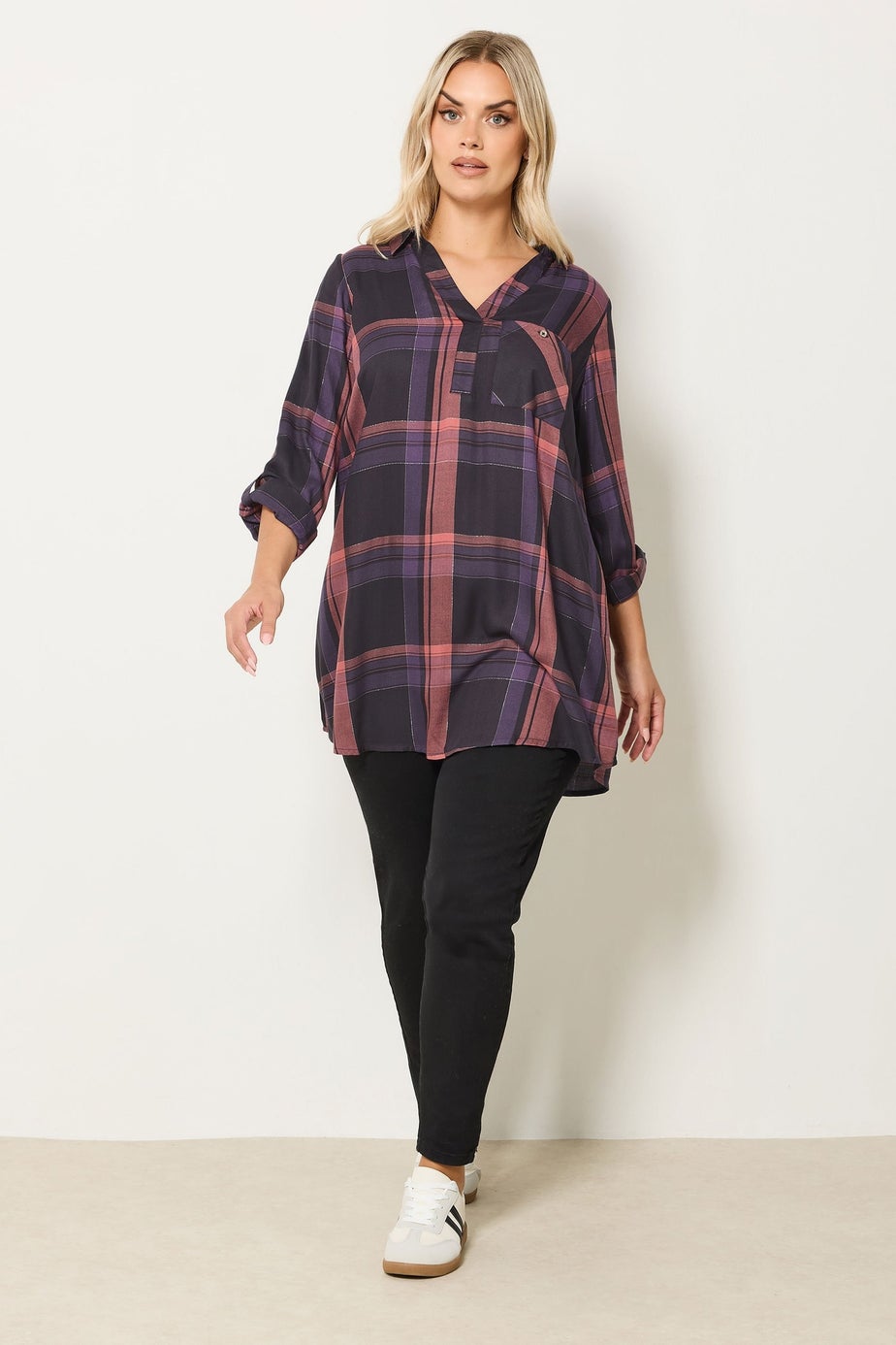 Yours Curve Navy Blue & Pink Check Overhead Shirt