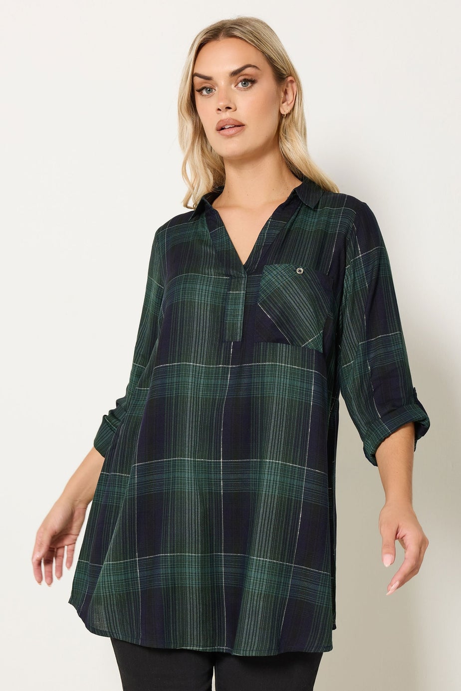 Yours Curve Dark Green Check Overhead Shirt